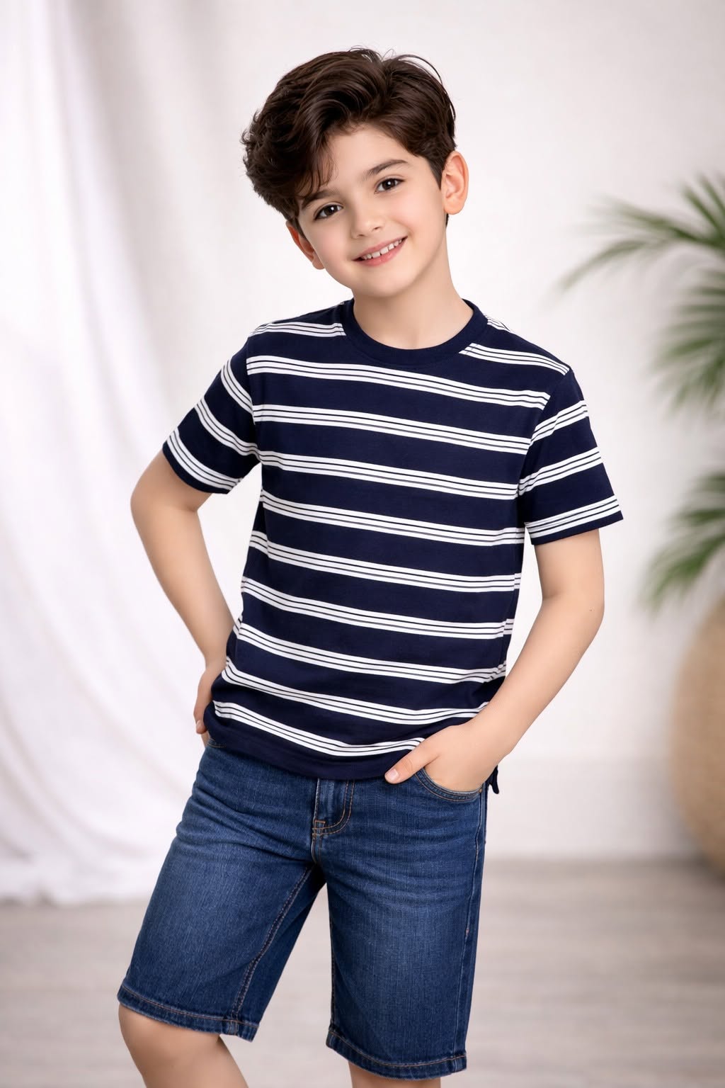 Casual Striped T-Shirt & Denim Shorts Set
