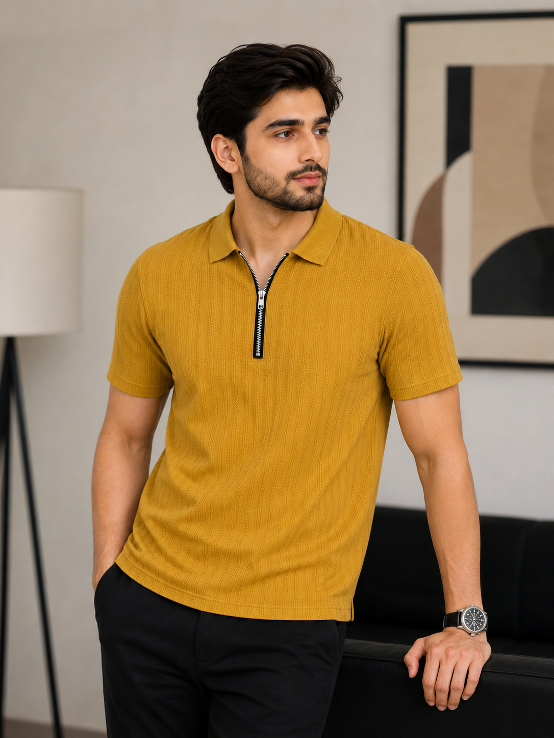 Mens Textured Zip Polo Shirt