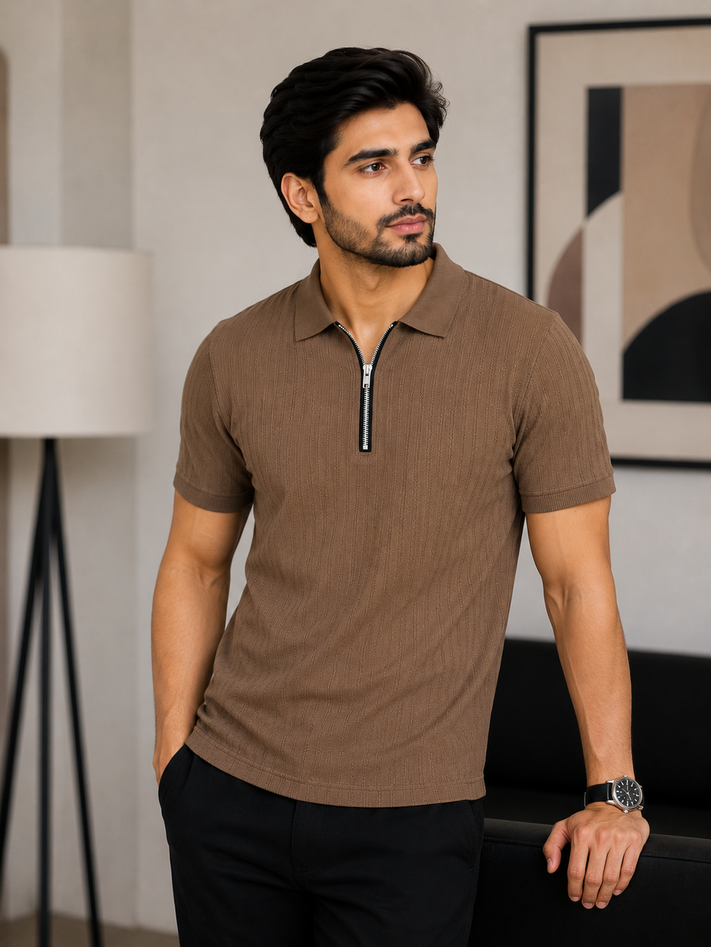 Mens Textured Zip Polo Shirt