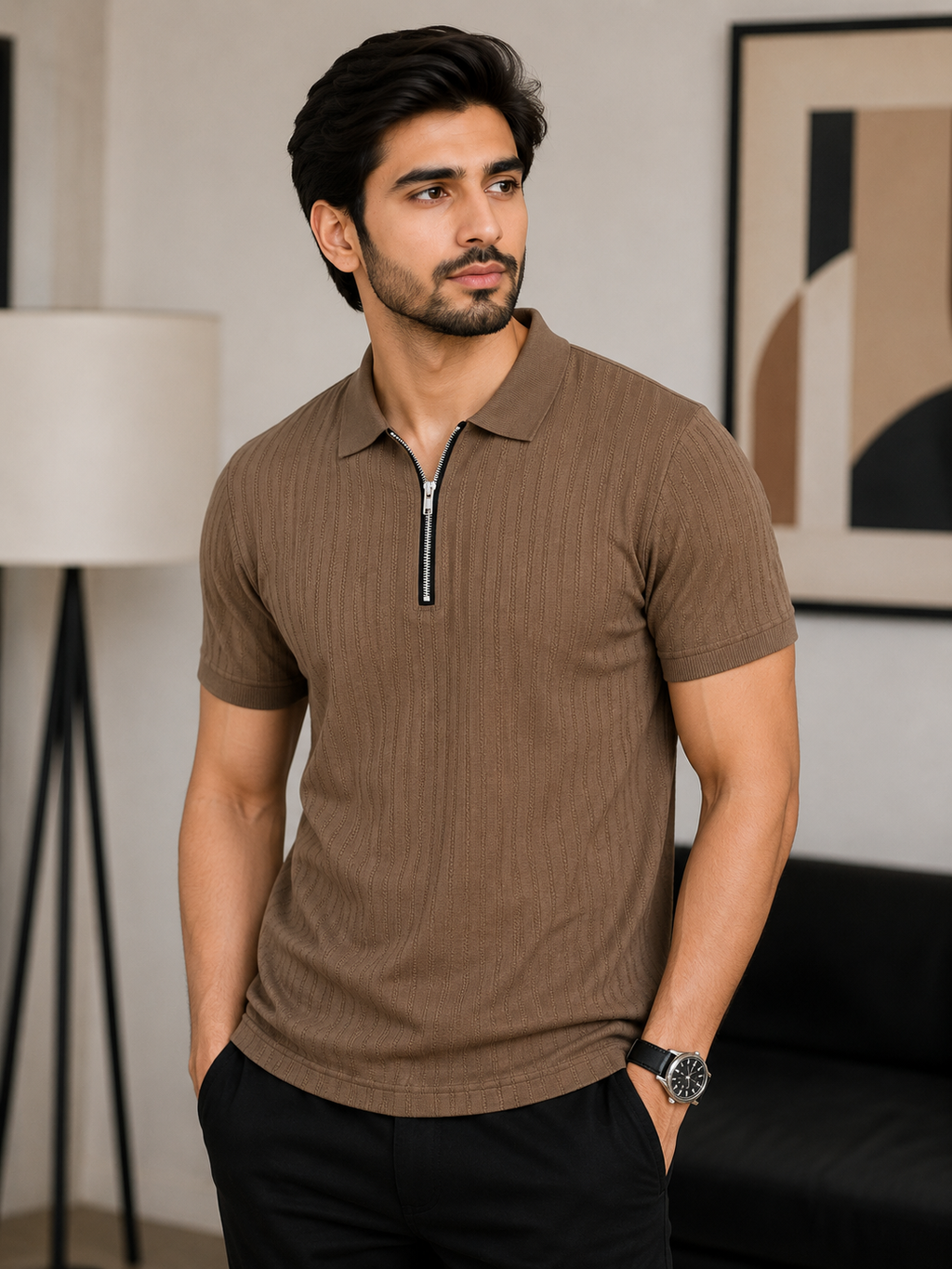Mens Textured Zip Polo Shirt