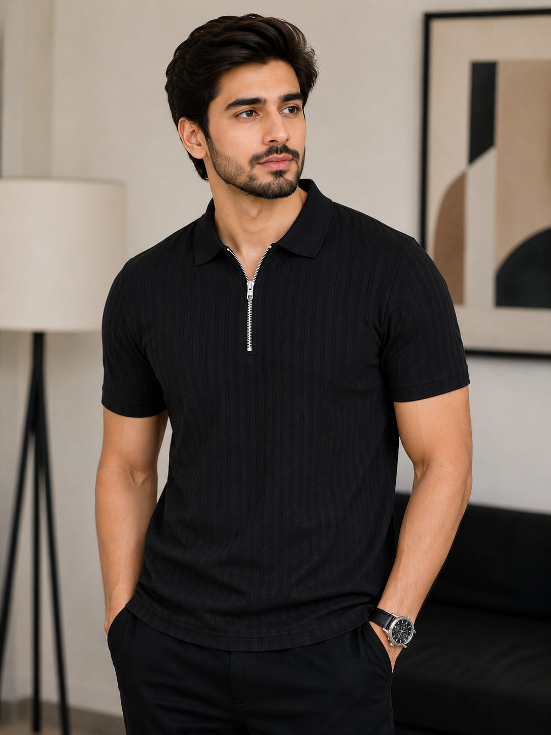 Mens Textured Zip Polo Shirt