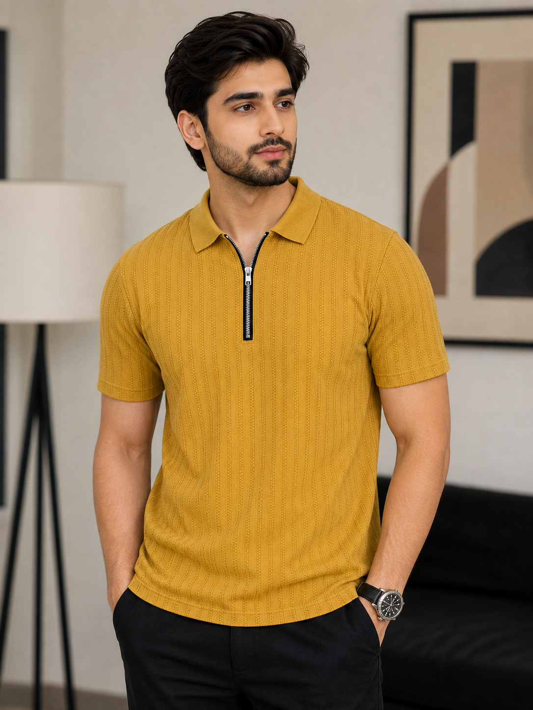 Mens Textured Zip Polo Shirt