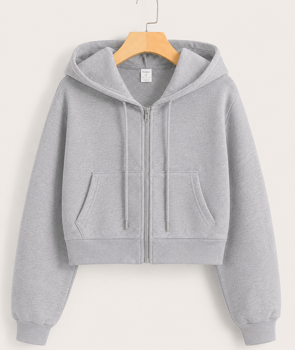 Women's Cropped Zip-Up Hoodie – Soft Fleece Casual Hooded Sweatshirt