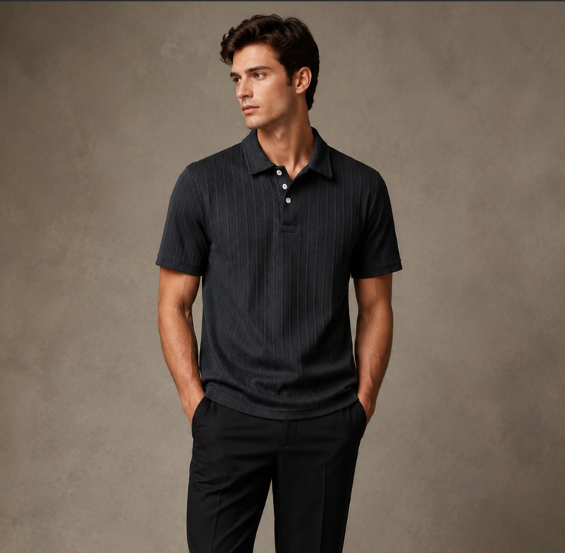 Premium Men's Ribbed Polo T-Shirt in classic Black