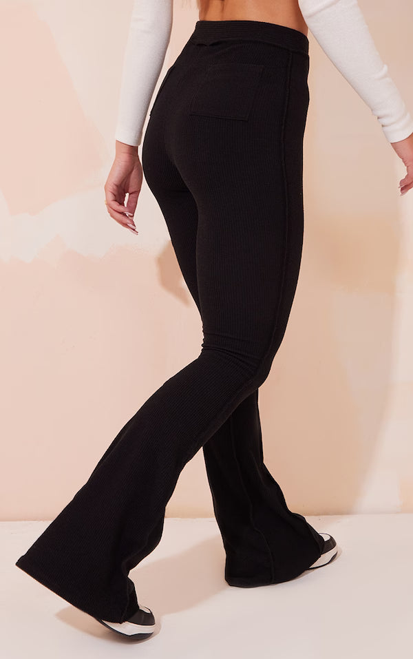 Black Rib High Waist Seam Detail Flared Trousers